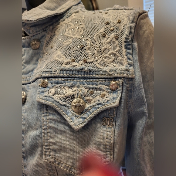 Miss Me Cropped Stone Wash Denim Med Jacket Rhinestones and Lace - Picture 13 of 15
